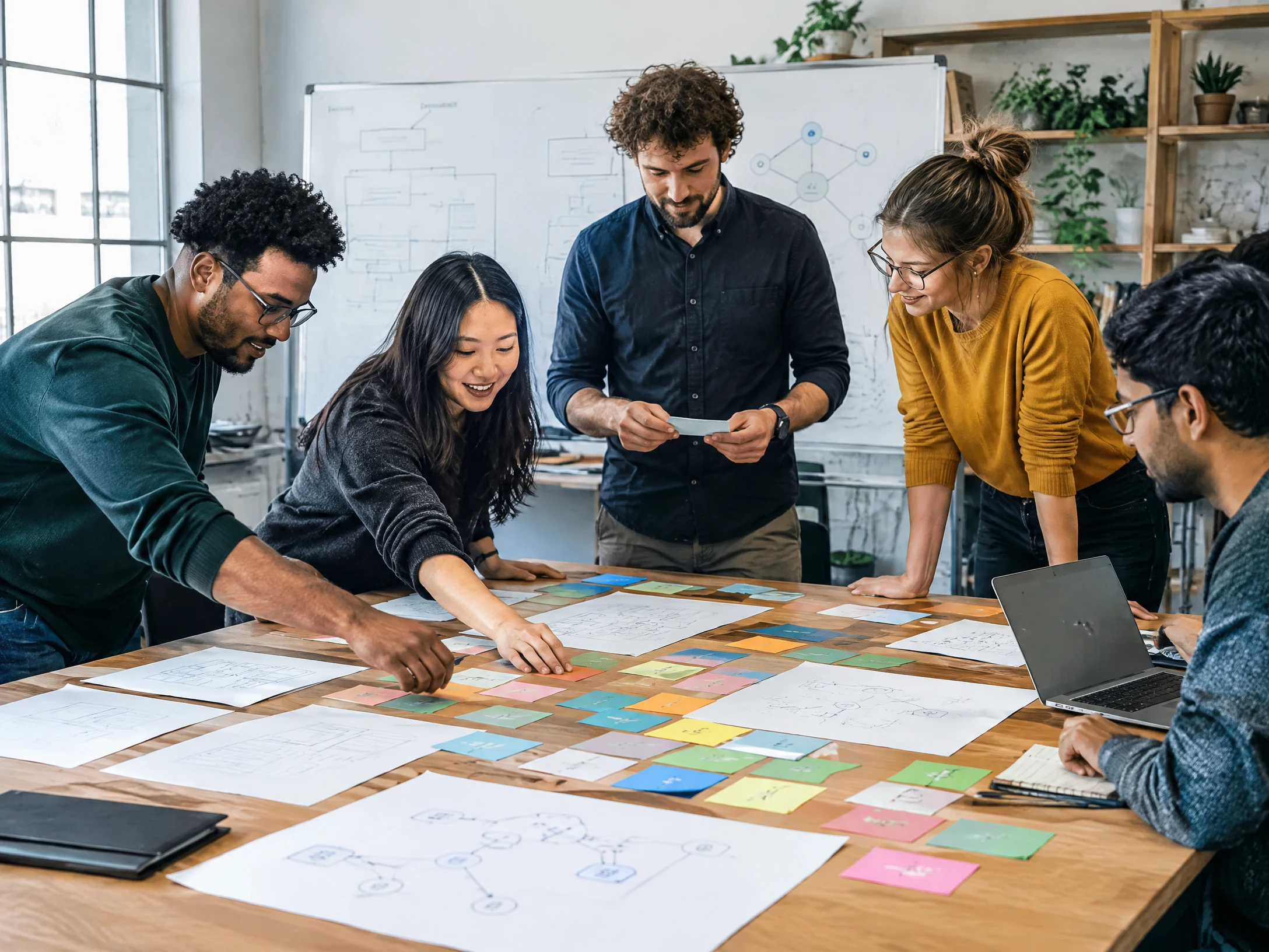 Team planning work on a board